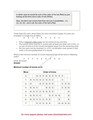 in either case he would be sure of the color of his hat (Red) by just
looking at the third man's color of hat (White).
Now, the blind man knows that there are just 4 possibilities - (1),
(3), (4), (6) - and in all, the color of his hat is Red.
Three Gold (G) coins, three Silver (S) coins and three Copper (C) coins are
arranged in a single row as follow:
G S C G S C G S C
• Only 2 adjacent unlike coins can be moved at any one time.
• The moved coins must be in contact with at least one other coin in line. i.e.
no pair of coins is to be moved and placed away from the remaining ones.
• No coin pairs can be reversed i.e. a S-C combination must remain in that
order in its new positionwhen it is moved.
What is the minimum number of moves required to get all the coins in following
order?
C C C S S S G G G
Show all moves.
Answer
Minimum number of moves are 8.
Move Order of Coins
0 G S C G S C G S C
1 G S G S C G S C C
2 G S C G S C C S G
3 G S C G S C C S G
4 G S C C S G S C G
5 G S C C S C S G G
6 G S C C C S S G G
7 C C C S S G G S G
for more papers please visit www.downloadmela.com
www.downloadm
ela.com
 
