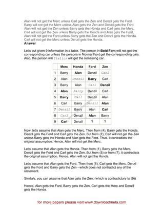 Alan will not get the Merc unless Carl gets the Zen and Denzil gets the Ford.
Barry will not get the Merc unless Alan gets the Zen and Denzil gets the Ford.
Alan will not get the Zen unless Barry gets the Honda and Carl gets the Merc.
Carl will not get the Zen unless Barry gets the Honda and Alan gets the Ford.
Alan will not get the Ford unless Barry gets the Zen and Denzil gets the Honda.
Carl will not get the Merc unless Denzil gets the Honda.
Answer
Let's put given 9 information in a table. The person in Bold Font will not get the
corresponding car unless the persons in Normal Font get the corresponding cars.
Also, the person will Italics will get the remaining car.
Merc Honda Ford Zen
1 Barry Alan Denzil Carl
2 Alan Denzil Barry Carl
3 Barry Alan Carl Denzil
4 Alan Barry Denzil Carl
5 Barry Carl Denzil Alan
6 Carl Barry Denzil Alan
7 Denzil Barry Alan Carl
8 Carl Denzil Alan Barry
9 Carl Denzil ? ?
Now, let's assume that Alan gets the Merc. Then from (4), Barry gets the Honda,
Denzil gets the Ford and Carl gets the Zen. But from (7), Carl will not get the Zen
unless Barry gets the Honda and Alan gets the Ford. Thus, it contradicts the
original assumption. Hence, Alan will not get the Merc.
Let's assume that Alan gets the Honda. Then from (1), Barry gets the Merc,
Denzil gets the Ford and Carl gets the Zen. But from (5) or from (7), it contradicts
the original assumption. Hence, Alan will not get the Honda.
Let's assume that Alan gets the Ford. Then from (8), Carl gets the Merc, Denzil
gets the Ford and Barry gets the Zen - which does not contradict any of the
statement.
Similaly, you can assume that Alan gets the Zen. (which is contradictory to (9))
Hence, Alan gets the Ford, Barry gets the Zen, Carl gets the Merc and Denzil
gets the Honda.
for more papers please visit www.downloadmela.com
www.downloadm
ela.com
 