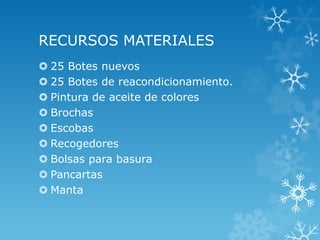 RECURSOS MATERIALES
 25 Botes nuevos
 25 Botes de reacondicionamiento.
 Pintura de aceite de colores
 Brochas
 Escobas
 Recogedores
 Bolsas para basura
 Pancartas
 Manta
 