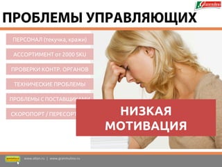 ПРОВЕРКИ КОНТР. ОРГАНОВ 
ПЕРСОНАЛ (текучка, кражи) 
ТЕХНИЧЕСКИЕ ПРОБЛЕМЫ 
СКОРОПОРТ / ПЕРЕСОРТИЦА 
АССОРТИМЕНТ от 2000 SKU 
ПРОБЛЕМЫ С ПОСТАВЩИКАМИ 
НИЗКАЯ МОТИВАЦИЯ 
www.altan.ru | www.granmulino.ru 
ПРОБЛЕМЫ УПРАВЛЯЮЩИХ  