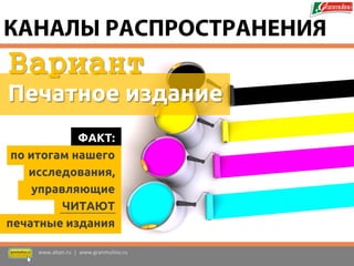 Вариант 
Печатное издание 
ФАКТ: 
по итогам нашего исследования, управляющие 
ЧИТАЮТ печатные издания 
www.altan.ru | www.granmulino.ru 
КАНАЛЫ РАСПРОСТРАНЕНИЯ  