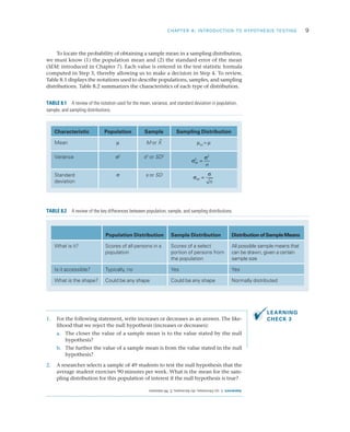 CHAPTER 8: INTRODUCTION TO HYPOTHESIS TESTING	 9
1.	 For the following statement, write increases or decreases as an answer. The like­
lihood that we reject the null hypothesis (increases or decreases):
a.	 The closer the value of a sample mean is to the value stated by the null
hypothesis?
b.	 The further the value of a sample mean is from the value stated in the null
hypothesis?
2.	 A researcher selects a sample of 49 students to test the null hypothesis that the
average student exercises 90 minutes per week. What is the mean for the sam­
pling distribution for this population of interest if the null hypothesis is true?
To locate the probability of obtaining a sample mean in a sampling distribution,
we must know (1) the population mean and (2) the standard error of the mean
(SEM; introduced in Chapter 7). Each value is entered in the test statistic formula
computed in Step 3, thereby allowing us to make a decision in Step 4. To review,
Table 8.1 displays the notations used to describe populations, samples, and sampling
distributions. Table 8.2 summarizes the characteristics of each type of distribution.
Characteristic Population Sample Sampling Distribution
Mean m M or X
–
mM
= m
Variance s2
s2
or SD2
σ
σ
M
n
2
2
=
Standard
deviation
s s or SD σ
σ
M
n
=
TABLE 8.1  A review of the notation used for the mean, variance, and standard deviation in population,
sample, and sampling distributions.
Population Distribution Sample Distribution Distribution of Sample Means
What is it? Scores of all persons in a
population
Scores of a select
portion of persons from
the population
All possible sample means that
can be drawn, given a certain
sample size
Is it accessible? Typically, no Yes Yes
What is the shape? Could be any shape Could be any shape Normally distributed
TABLE 8.2  A review of the key differences between population, sample, and sampling distributions.
LEARNING
CHECK 3
Answers:1.(a)Decreases,(b)Increases;2.90minutes.
 