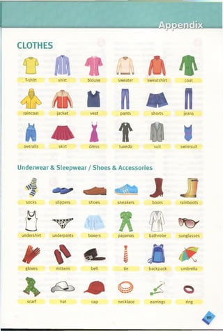iT y u y iliJK '
CLOTHES
T-shirt shirt
raincoat jacket
blouse
vest
M w bbbssm ■
sweater
1 1
t
sweatshirt coat
M 0 * f l
pants shorts jeans
ioveralls skirt dress tuxedo suit swimsuit
Underwear & Sleepwear /Shoes & Accessories
scarf
i
n
gloves mittens belt tie
hat cap necklace earrings
socks slippers shoes sneakers boots rainboots
undershirt underpants boxers pajamas bathrobe sunglasses
backpack umbrella
o
ring
 