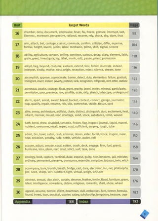 Unit Target Words p a g (
16
chamber, deny, document, emphasize, fever, flu, freeze, gesture, interrupt, last,
likeness , moreover, perspective, rational, recover, rely, shock, shy, stare, thus
98
HI  ||
17
aim, attach, bet, carriage, classic, commute, confirm, criticize, differ, expense,
formal, height, invent, junior, labor, mechanic, prime, shift, signal, sincere
104
18
ability, agriculture, cartoon, ceiling, convince, curious, delay, diary, element, faith,
grain, greet, investigate, joy, label, monk, odd, pause, priest, profession
110
19
adopt, beg, beyond, costume, exclaim, extend, fool, forbid, illustrate, indeed,
interpret, kindly, motive, nest, origin, reception, reject, silence, stream, tone
116
20
accomplish, approve, approximate, barrier, detect, duty, elementary, failure, gradual,
immigrant, insert, instant, poverty, pretend, rank, recognition, refrigerate, rent, retire, statistic
122
21
astronaut, awake, courage, float, grant, gravity, jewel, miner, mineral, participate,
permission, pour, presence, raw, satellite, scale, skip, stretch, telescope, underground
128
22
alarm, apart, arrest, award, breed, bucket, contest, convict, garage, journalist,
pup, qualify, repair, resume, rob, slip, somewhat, stable, tissue, yard
134
23
alike, annoy, architecture, artificial, chain, distinct, distinguish, dust, excitement, heal,
inherit, manner, mount, roof, shortage, solid, stock, substance, tomb, wound
140
24
bath, bend, chew, disabled, fantastic, fiction, flag, inspect, journal, liquid, marvel,
nutrient, overcome, recall, regret, soul, sufficient, surgery, tough, tube
H H H H I
146
25
admit, bin, bowl, cabin, cash, criminal, dozen, elder, facial, fence, inspire, mere,
neat, occasion, penalty, rude, settle, vehicle, wallet, yell
152
IS
26
accuse, adjust, amuse, coral, cotton, crash, deck, engage, firm, fuel, grand,
hurricane, loss, plain, reef, shut, strict, surf, task, zone
158
27
apology, bold, capture, cardinal, duke, expose, guilty, hire, innocent, jail, minister,
ordinary, permanent, preserve, pronounce, resemble, symptom, tobacco, twin, witch
164
28
accompany, bare, branch, breath, bridge, cast, dare, electronic, inn, net, philosophy,
pot, seed, sharp, sort, subtract, tight, virtual, weigh, whisper
■■■•fry.IP:...
170
■■■■
2 9
abstract, annual, clay, cloth, curtain, deserve, feather, fertile, flood, furniture, grave,
ideal, intelligence, nowadays, obtain, religious, romantic, shell, shore, wheel
r......
176
30
appeal, assume, borrow, client, downtown, dull, embarrass, fare, former, formula,
found, invest, loan, practical, quarter, salary, scholarship, temporary, treasure, urge
mm
182
s n n is ] E 9
Vs *
 