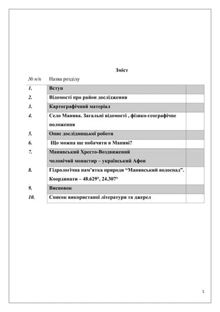 1
Зміст
№ п/п Назва розділу
1. Вступ
2. Відомості про район дослідження
3. Картографічний матеріал
4. Село Манява. Загальні відомості , фізико-географічне
положення
5. Опис дослідницької роботи
6. Що можна ще побачити в Маняві?
7. Манявський Хресто-Воздвижений
чоловічий монастир – український Афон
8. Гідрологічна пам’ятка природи “Манявський водоспад”.
Координати – 48.629°, 24.307°
9. Висновок
10. Список використаної літератури та джерел
 