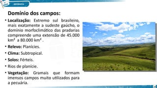 Domínio dos campos:
• Localização: Extremo sul brasileiro,
mais exatamente a sudeste gaúcho, o
domínio morfoclimático das pradarias
compreende uma extensão de 45.000
km² a 80.000 km² .
• Relevo: Planícies.
• Clima: Subtropical.
• Solos: Férteis.
• Rios de planície.
• Vegetação: Gramais que formam
imensos campos muito utilizados para
a pecuária.
10
 