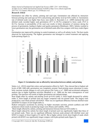 Indian Journal of Fundamental and Applied Life Sciences ISSN: 2231– 6345 (Online)
An Open Access, Online International Journal Available at http://www.cibtech.org/jls.htm
2015 Vol. 5 (1) January-March, pp. 312-318/Rezaee et al.
Research Article
© Copyright 2014 | Centre for Info Bio Technology (CIBTech)
Germination rate affect by salinity, priming and seed type. Germination rate affected by interaction
between priming and seed type (p<0.01) and priming and salinity level (p<0.01) (table 2). Germination
rate of delinted seeds was higher than fuzzy ones (table 2). Ryavalad et al., (2009) declared that acid
delinted seeds recorded higher seed germination (87.7 to 68.3%) compared to fuzzy seeds (78.9 to
66.1%). Increase in permeability of the seed coat results in better absorption of moisture during the
process of germination, leading to higher seed quality parameters (Malabasari, 2003). Salinity resulted in
lower germination rate, but germination rate of delinted seeds affect less compare with fuzzy seeds (figure
1).
Germination rate improved by priming in control treatment as well as all salinity levels. The best results
observed for hydro-priming. The highest germination rate belonged to control treatment and applying
hydro-priming (figure 2).
Figure 2: Germination rate as affected by interaction between salinity and priming
Sattar et al., (2010) stated that cotton seed germination affects by NaCl. They showed that at highest salt
levels of 800–1000 mM, germination was completely arrested. Seed priming causes alterations in meta-
bolic reactions include changes in cell cycle process (De Castro et al., 2000) and accelerated endosperm
analysis due to higher hydrolase activities (Bradford et al., 2000) are the main consequences of seed
priming. The reactions will results in higher germination rate and percentage.
Root length affect by salinity and priming levels (p<0.01) (table 1). Root length decreased by salinity
(table 2). Root length of primed seed was longer compared with not primed seeds. The longest roots
produced by seed which primed with KNO3. There was no significant difference between distilled water
and KNO3 in respect of root length (table 2).
Radicel emergence accelerates by priming via higher enzymatic activities, protein synthesis and ATP
production which results in producing longer roots (Parera and Cantliffe, 1992).
Shoot length affected by salinity, priming and interaction between them (p<0.01) (table 1).
Shoot length reduced by salinity but shoot length of primed seed was significantly higher than those of
not primed seeds. There was no significant difference between seeds primed with distilled water and
KNO3 in respect of shoot length at S1 and S2. But at higher salinity levels shoot length of seeds which
primed with KNO3 was significantly longer compere with hydro-primed seeds (figure 3).
b
e
f f
g
a
c
d d
e
b
d
e e
f
0
0.2
0.4
0.6
0.8
1
1.2
1.4
1.6
1.8
S1 S2 S3 S4 S5
germinationrate
salinity level
control
distilledwater
KNO3
 