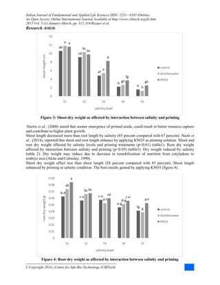 Indian Journal of Fundamental and Applied Life Sciences ISSN: 2231– 6345 (Online)
An Open Access, Online International Journal Available at http://www.cibtech.org/jls.htm
2015 Vol. 5 (1) January-March, pp. 312-318/Rezaee et al.
Research Article
© Copyright 2014 | Centre for Info Bio Technology (CIBTech)
Figure 3: Shoot dry weight as affected by interaction between salinity and priming
Harris et al., (2000) stated that sooner emergence of primed seeds, could result in better resource capture
and contribute to higher plant growth.
Shoot length decreased more than root length by salinity (85 percent compared with 67 percent). Nazir et
al., (2014), reported that shoot and root length enhance by applying KNO3 as priming solution. Shoot and
root dry weight affected by salinity levels and priming treatments (p<0.01) (table1). Root dry weight
affected by interaction between salinity and priming (p<0.05) (table1). Dry weight reduced by salinity
(table 2). Dry weight may reduce due to decrease in remobilization of nutrition from cotyledons to
embryo axis (Akita and Cabuslay, 1990).
Shoot dry weight affect less than shoot length (24 percent compared with 85 percent). Shoot length
enhanced by priming at salinity condition. The best results gained by applying KNO3 (figure 4).
Figure 4: Root dry weight as affected by interaction between salinity and priming
ab
cd
ef
h
h
a
bc
e
gh
h
a
bc
d
fg
gh
0
2
4
6
8
10
12
14
S1 S2 S3 S4 S5
shootheigthcm
salinity level
control
distilledwater
KNO3
b-d
c-e c-e
e-g
fg
ab
bc
d-f d-g
g
a
bc
cd
c-e
d-f
0
0.01
0.02
0.03
0.04
0.05
0.06
0.07
0.08
0.09
S1 S2 S3 S4 S5
rootdryweightgr
salinity level
control
distilledwater
KNO3
 