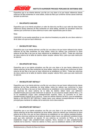 INSTITUTO SUPERIOR PRIVADO PERUANO DE SISTEMAS SISE

Especifica que si se intenta eliminar una fila con una clave a la que hacen referencia claves
externas de filas existentes en otras tablas, todas las filas que contienen dichas claves externas
también se eliminan.



        ON UPDATE CASCADE

Especifica que si se intenta actualizar un valor de clave de una fila a cuyo valor de clave hacen
referencia claves externas de filas existentes en otras tablas, también se actualizan todos los
valores que conforman la clave externa al nuevo valor especificado para la clave.

Nota:

CASCADE no se puede especificar si una columna timestamp es parte de una clave externa o
de la clave a la que se hace referencia.



        ON DELETE SET NULL

Especifica que si se intenta eliminar una fila con una clave a la que hacen referencia las claves
externas de las filas existentes de otras tablas, todos los valores que conforman la clave
externa de las filas a las que se hace referencia se establecen en NULL. Todas las columnas
de clave externa de la tabla de destino deben aceptar valores NULL para que esta restricción
se ejecute.



        ON UPDATE SET NULL

Especifica que si se intenta actualizar una fila con una clave a la que hacen referencia las
claves externas de las filas existentes de otras tablas, todos los valores que conforman la clave
externa de las filas a las que se hace referencia se establecen en NULL. Todas las columnas
de clave externa de la tabla de destino deben aceptar valores NULL para que esta restricción
se ejecute.



        ON DELETE SET DEFAULT

Especifica que si se intenta eliminar una fila con una clave a la que hacen referencia las claves
externas de las filas existentes de otras tablas, todos los valores que conforman la clave
externa de las filas a las que se hace referencia se establecen como predeterminados. Todas
las columnas de clave externa de la tabla de destino deben tener una definición
predeterminada para que esta restricción se ejecute. Si una columna acepta valores NULL y no
se ha establecido ningún valor predeterminado explícito, NULL se convierte en el valor
predeterminado implícito de la columna. Todos los valores distintos de NULL que se establecen
debido a ON DELETE SET DEFAULT deben tener unos valores correspondientes en la tabla
principal para mantener la validez de la restricción de la clave externa.



        ON UPDATE SET DEFAULT

Especifica que si se intenta actualizar una fila con una clave a la que hacen referencia las
claves externas de las filas existentes de otras tablas, todos los valores que conforman la clave
externa de la fila a los que se hace referencia se establecen en sus valores predeterminados.
Todas las columnas externas de la tabla de destino deben tener una definición predeterminada
para que esta restricción se ejecute. Si una columna se convierte en NULL, y no hay
establecido ningún valor predeterminado explícito, NULL deviene el valor predeterminado
implícito de la columna. Todos los valores no NULL que se establecen debido a ON UPDATE


Modelamiento y Diseño de Base de Datos                                               Página 136
 