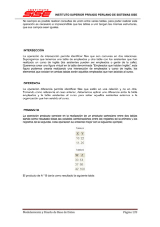 INSTITUTO SUPERIOR PRIVADO PERUANO DE SISTEMAS SISE

No siempre es posible realizar consultas de unión entre varias tablas, para poder realizar esta
operación es necesario e imprescindible que las tablas a unir tengan las mismas estructuras,
que sus campos sean iguales.




INTERSECCIÓN

La operación de intersección permite identificar filas que son comunes en dos relaciones.
Supongamos que tenemos una tabla de empleados y otra tabla con los asistentes que han
realizado un curso de inglés (los asistentes pueden ser empleados o gente de la calle).
Queremos crear una figura virtual en la tabla denominada "Empleados que hablan Inglés", esta
figura podemos crearla realizando una intersección de empleados y curso de inglés, los
elementos que existan en ambas tablas serán aquellos empleados que han asistido al curso.



DIFERENCIA

La operación diferencia permite identificar filas que están en una relación y no en otra.
Tomando como referencia el caso anterior, deberíamos aplicar una diferencia entre la tabla
empleados y la tabla asistentes al curso para saber aquellos asistentes externos a la
organización que han asistido al curso.



PRODUCTO

La operación producto consiste en la realización de un producto cartesiano entre dos tablas
dando como resultado todas las posibles combinaciones entre los registros de la primera y los
registros de la segunda. Esta operación se entiende mejor con el siguiente ejemplo:




El producto de A * B daría como resultado la siguiente tabla:




Modelamiento y Diseño de Base de Datos                                             Página 139
 