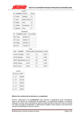 INSTITUTO SUPERIOR PRIVADO PERUANO DE SISTEMAS SISE




Mostrar los nombres de los alumnos y su apoderado

Primero, realizaremos una combinación entre alumnos y apoderados (pues necesitamos
saber a que alumno le corresponde tal apoderado). La combinación realizará un producto
cartesiano, es decir, para cada tupla de alumnos (todas las filas de alumnos) hará una mezcla
con cada una tupla de apoderados y seleccionará aquellas nuevas tuplas en que alumnos.id
sea igual a apoderados.id_alumno, esto es:


Modelamiento y Diseño de Base de Datos                                           Página 145
 