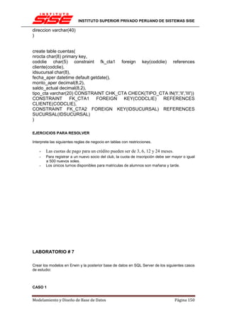 INSTITUTO SUPERIOR PRIVADO PERUANO DE SISTEMAS SISE

direccion varchar(40)
)


create table cuentas(
nrocta char(8) primary key,
codclie char(5) constraint fk_cta1 foreign key(codclie) references
cliente(codclie),
idsucursal char(8),
fecha_aper datetime default getdate(),
monto_aper decimal(8,2),
saldo_actual decimal(8,2),
tipo_cta varchar(20) CONSTRAINT CHK_CTA CHECK(TIPO_CTA IN('I','II','III'))
CONSTRAINT        FK_CTA1     FOREIGN KEY(CODCLIE)   REFERENCES
CLIENTE(CODCLIE),
CONSTRAINT FK_CTA2 FOREIGN KEY(IDSUCURSAL) REFERENCES
SUCURSAL(IDSUCURSAL)
)

EJERCICIOS PARA RESOLVER

Interprete las siguientes reglas de negocio en tablas con restricciones.

    -   Las cuotas de pago para un crédito pueden ser de 3, 6, 12 y 24 meses.
    -   Para registrar a un nuevo socio del club, la cuota de inscripción debe ser mayor o igual
        a 500 nuevos soles.
    -   Los únicos turnos disponibles para matriculas de alumnos son mañana y tarde.




LABORATORIO # 7

Crear los modelos en Erwin y la posterior base de datos en SQL Server de los siguientes casos
de estudio:



CASO 1


Modelamiento y Diseño de Base de Datos                                              Página 150
 
