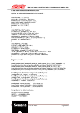 INSTITUTO SUPERIOR PRIVADO PERUANO DE SISTEMAS SISE

EJERCICIO DE INSERCION DE REGISTROS

Ejecutar las siguientes tablas e inserción de registros…


CREATE TABLE CLIENTES(
IDCLIENTE INT IDENTITY NOT NULL,
NOMCLIENTE VARCHAR(18)NOT NULL,
APECLIENTE VARCHAR(25)NOT NULL,
DIRCLIENTE VARCHAR(50)
PRIMARY KEY (IDCLIENTE)
)

CREATE TABLE EMPLEADO(
IDEMPLEADO INT IDENTITY NOT NULL,
NOMEMPLEADO VARCHAR(20) NOT NULL,
APEEMPLEADO VARCHAR(25)NOT NULL,
FECINGRESO SMALLDATETIME NOT NULL,
SUELDO DECIMAL(10,2) NULL CHECK (SUELDO > 0)
PRIMARY KEY(IDEMPLEADO)
)

CREATE TABLE PEDIDO(
IDPEDIDO VARCHAR(7) NOT NULL,
IDCLIENTE INT NOT NULL,
IDEMPLEADO INT NOT NULL,
FECPEDIDO SMALLDATETIME NOT NULL,
TOTAL_PEDIDO DECIMAL(8,2) CHECK (TOTALPEDIDO < 2000)
FOREIGN KEY (IDCLIENTE) REFERENCES CLIENTES,
FOREIGN KEY (IDEMPLEADO) REFERENCES EMPLEADO
)

Registros a insertar…

Insert Clientes (NomCliente,ApeCliente,DirCliente) Values('ROSA','SOLIS','BARRANCO')
Insert Clientes (NomCliente,ApeCliente,DirCliente) Values('CARLOS','MORI','LIMA')
Insert Clientes (NomCliente,ApeCliente,DirCliente) Values('JUAN','ROJAS','ATE')
Insert Clientes (NomCliente,ApeCliente,DirCliente) Values('DANIELA','CASTRO','COMAS')
Insert Clientes (NomCliente,ApeCliente,DirCliente) Values('LOURDES','VILLENA','LIMA')

Insert Empleado (NomEmpleado,ApeEmpleado,FecIngreso)
Values('CARLOS','TORRES','17/04/2000')
Insert Empleado (NomEmpleado,ApeEmpleado,FecIngreso)
Values('SOFIA','CONTRERAS','18/03/2002')
Insert Empleado (NomEmpleado,ApeEmpleado,FecIngreso)
Values('RAUL','FLORES','05/06/2001')

Insert Pedido values('0000001',1,1,'04/11/2008',100)
Insert Pedido values('0000002',2,1,'05/08/2008',200)
Insert Pedido values('0000003',1,2,'14/06/2008',500)

Comprobamos los datos insertados…

SELECT * FROM CLIENTES
SELECT * FROM EMPLEADO
SELECT * FROM PEDIDO




Modelamiento y Diseño de Base de Datos                                        Página 172
 
