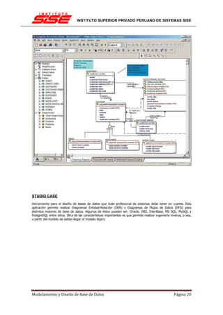 INSTITUTO SUPERIOR PRIVADO PERUANO DE SISTEMAS SISE




STUDIO CASE

Herramienta para el diseño de bases de datos que todo profesional de sistemas debe tener en cuenta. Esta
aplicación permite realizar Diagramas Entidad-Relación (DER) y Diagramas de Flujos de Datos (DFD) para
distintos motores de base de datos. Algunos de éstos pueden ser: Oracle, DB2, InterBase, MS SQL, MySQL y
PostgreSQL entre otros. Otra de las características importantes es que permite realizar ingeniería inversa, o sea,
a partir del modelo de tablas llegar al modelo lógico.




Modelamiento y Diseño de Base de Datos                                                               Página 20
 