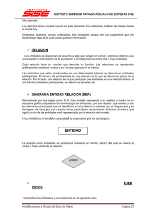 INSTITUTO SUPERIOR PRIVADO PERUANO DE SISTEMAS SISE

Otro ejemplo:

Los alumnos tienen cursos nuevos en este semestre, los profesores dictarán las clases desde
el día de hoy.

Entidades: alumnos, cursos, profesores. Son entidades porque son los sustantivos que me
representan algo de la cual puedo guardar información.



        RELACION
 Las entidades se relacionan de acuerdo a algo que tengan en común, entonces diremos que
una relación o interrelación es la asociación o correspondencia entre dos o más entidades

Cada relación tiene un nombre que describe su función. Las relaciones se representan
gráficamente mediante rombos y su nombre aparece en el interior.

Las entidades que están involucradas en una determinada relación se denominan entidades
participantes. El número de participantes en una relación es lo que se denomina grado de la
relación. Por lo tanto, una relación en la que participan dos entidades es una relación binaria; si
son tres las entidades participantes, la relación es ternaria; etc.



        DIAGRAMA ENTIDAD RELACION (DER)
Denominado por sus siglas como: E-R; Este modelo representa a la realidad a través de un
esquema gráfico empleando los terminología de entidades, que son objetos que existen y son
los elementos principales que se identifican en el problema a resolver con el diagramado y se
distinguen de otros por sus características particulares denominadas atributos, el enlace que
rige la unión de las entidades está representada por la relación del modelo.

Una entidad en el modelo conceptual se representa por un rectángulo:


                                     ENTIDAD


La relación entre entidades se representa mediante un rombo, dentro del cual se coloca el
verbo o frase verbal de la relación.




                                         VERBO




                                                                                          EJER
        CICIOS


1) Identificar las entidades y sus relaciones en el siguiente caso:


Modelamiento y Diseño de Base de Datos                                                  Página 25
 