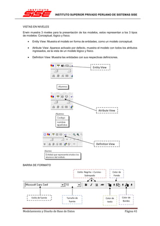 INSTITUTO SUPERIOR PRIVADO PERUANO DE SISTEMAS SISE



VISTAS EN NIVELES

Erwin muestra 3 niveles para la presentación de los modelos, estos representan a los 3 tipos
de modelos: Conceptual, lógico y físico.

   •   Entity View: Muestra el modelo en forma de entidades, como un modelo conceptual.

   •   Atribute View: Aparece activado por defecto, muestra el modelo con todos los atributos
       ingresados, es la vista de un modelo lógico y físico.

   •   Definition View: Muestra las entidades con sus respectivas definiciones.


                                                            Entity View




                                                                   Atribute View




                                                                Definition View




BARRA DE FORMATO

                                            Estilo: Negrita – Cursiva -         Color de
                                                    Subrayado                    Fondo




       Estilo de fuente            Tamaño de                              Color de         Color de
                                     fuente                                texto            Bordes



Modelamiento y Diseño de Base de Datos                                                       Página 41
 