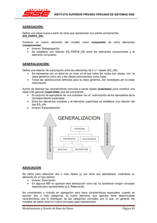 INSTITUTO SUPERIOR PRIVADO PERUANO DE SISTEMAS SISE



AGREGACIÓN:

Define una clase nueva a partir de otras que representan sus partes componentes
(ES_PARTE_DE)

Construir un nuevo elemento del modelo como compuesto de otros elementos
(componentes)
   • Inverso: Desagregación
   • Se establece una relación ES_PARTE_DE entre los elementos componentes y el
        elemento compuesto


GENERALIZACIÓN:

Define una relación de subconjunto entre los elementos de 2 o + clases (ES_UN)
    • Se representa con un árbol de un nivel, en el que todos los nodos son clases, con la
        clase genérica como raíz y las clases subconjuntos como hojas.
    • Todas las abstracciones definidas para la clase genérica, son heredadas por la clase
        subconjunto

Acción de abstraer las características comunes a varias clases (subclases) para constituir una
clase más general (superclase) que las comprenda.
    • El conjunto de ejemplares de una subclase “es un” subconjunto de los ejemplares de la
        correspondiente superclase.
    • Entre los elementos subclase y el elemento superclase se establece una relación del
        tipo ES_UN.
    • Inverso: Especialización




ASOCIACION

Se utiliza para relacionar dos o más clases (y, por tanto sus ejemplares), creándose un
elemento de un tipo distinto.
    • Inverso: Disociación
    • En algunos MD no aparece esta abstracción como tal, no existiendo ningún concepto
         especial para representarla (p.e. Relacional).

No considerado o incluido en agregación pero tiene características especiales, cuando se
asocian dos o más categorías, el nuevo elemento que aparece tiene determinadas
características que lo distinguen de las categorías normales, por lo que, en general, los
modelos de datos crean un nuevo concepto para representarlo.

Modelamiento y Diseño de Base de Datos                                             Página 49
 