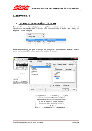 INSTITUTO SUPERIOR PRIVADO PERUANO DE SISTEMAS SISE



LABORATORIO # 3


       CREANDO EL MODELO FÍSICO EN ERWIN
Para ello debemos editar los tipos de datos soportados para cada columna de cada tabla, para
ello hacemos clic derecho sobre un espacio vacío y seleccionamos la opción Table Display, ahí
elegimos Column Datatype.




Luego seleccionamos una tabla y hacemos clic derecho, ahí seleccionamos la opción Column
con la cual aparecerá la ventana para editar los tipos de datos…




                                  Podemos seleccionar algunos de los tipos de
                                  datos estándar (primitivos), o tomar el motor
                                    de Base de datos para asignar dominios y
                                     extensiones, en la imagen se muestra la
                                                pestaña Oracle.




Modelamiento y Diseño de Base de Datos                                            Página 59
 