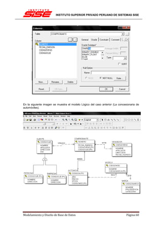 INSTITUTO SUPERIOR PRIVADO PERUANO DE SISTEMAS SISE




En la siguiente imagen se muestra el modelo Lógico del caso anterior (La concesionaria de
automóviles).




Modelamiento y Diseño de Base de Datos                                         Página 60
 