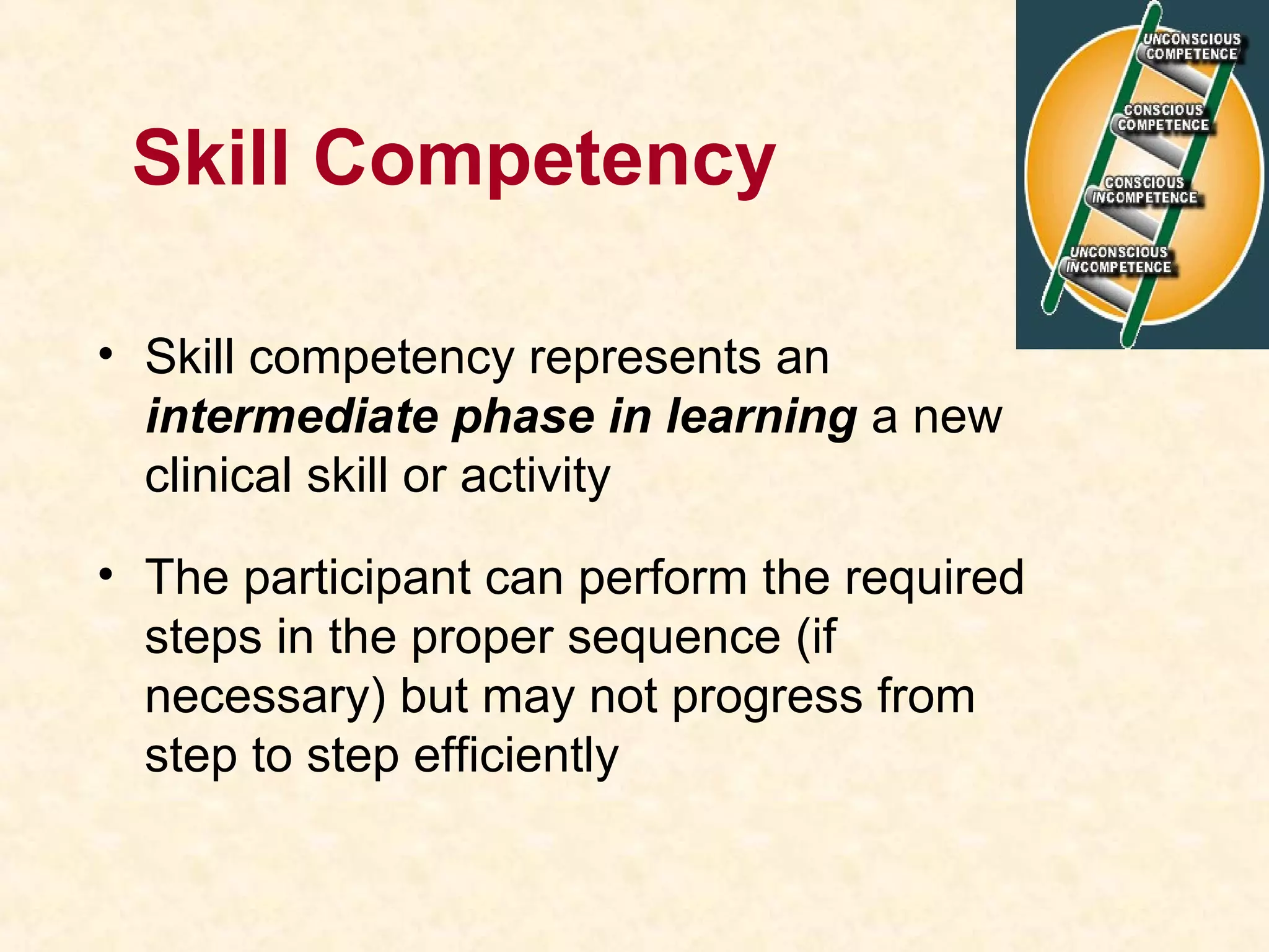 Skill Competency
• Skill competency represents an
intermediate phase in learning a new
clinical skill or activity
• The participant can perform the required
steps in the proper sequence (if
necessary) but may not progress from
step to step efficiently
 