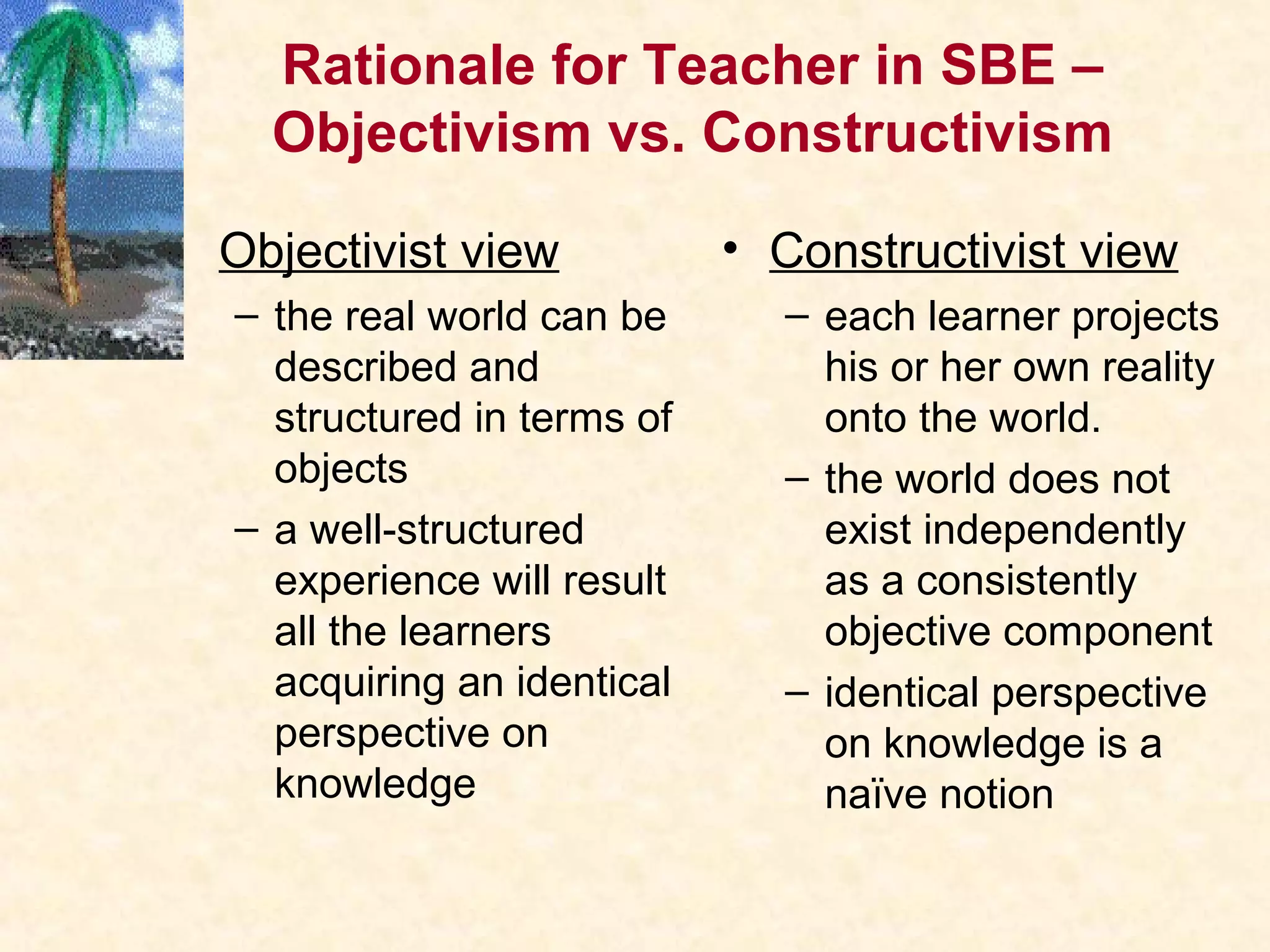 Rationale for Teacher in SBE –
Objectivism vs. Constructivism
Objectivist view
– the real world can be
described and
structured in terms of
objects
– a well-structured
experience will result
all the learners
acquiring an identical
perspective on
knowledge
• Constructivist view
– each learner projects
his or her own reality
onto the world.
– the world does not
exist independently
as a consistently
objective component
– identical perspective
on knowledge is a
naïve notion
 