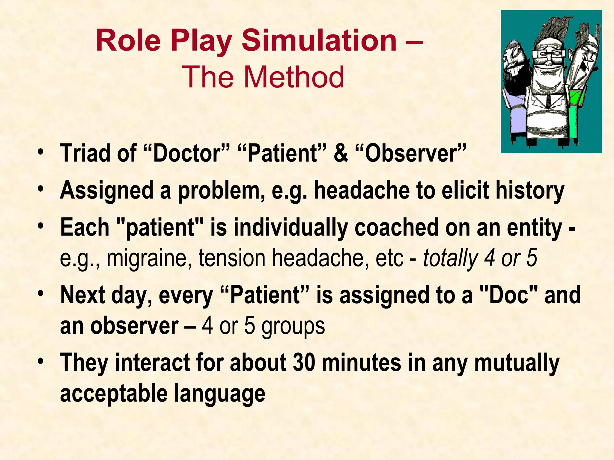 Role Play Simulation –
The Method
• Triad of “Doctor” “Patient” & “Observer”
• Assigned a problem, e.g. headache to elicit history
• Each "patient" is individually coached on an entity -
e.g., migraine, tension headache, etc - totally 4 or 5
• Next day, every “Patient” is assigned to a "Doc" and
an observer – 4 or 5 groups
• They interact for about 30 minutes in any mutually
acceptable language
 