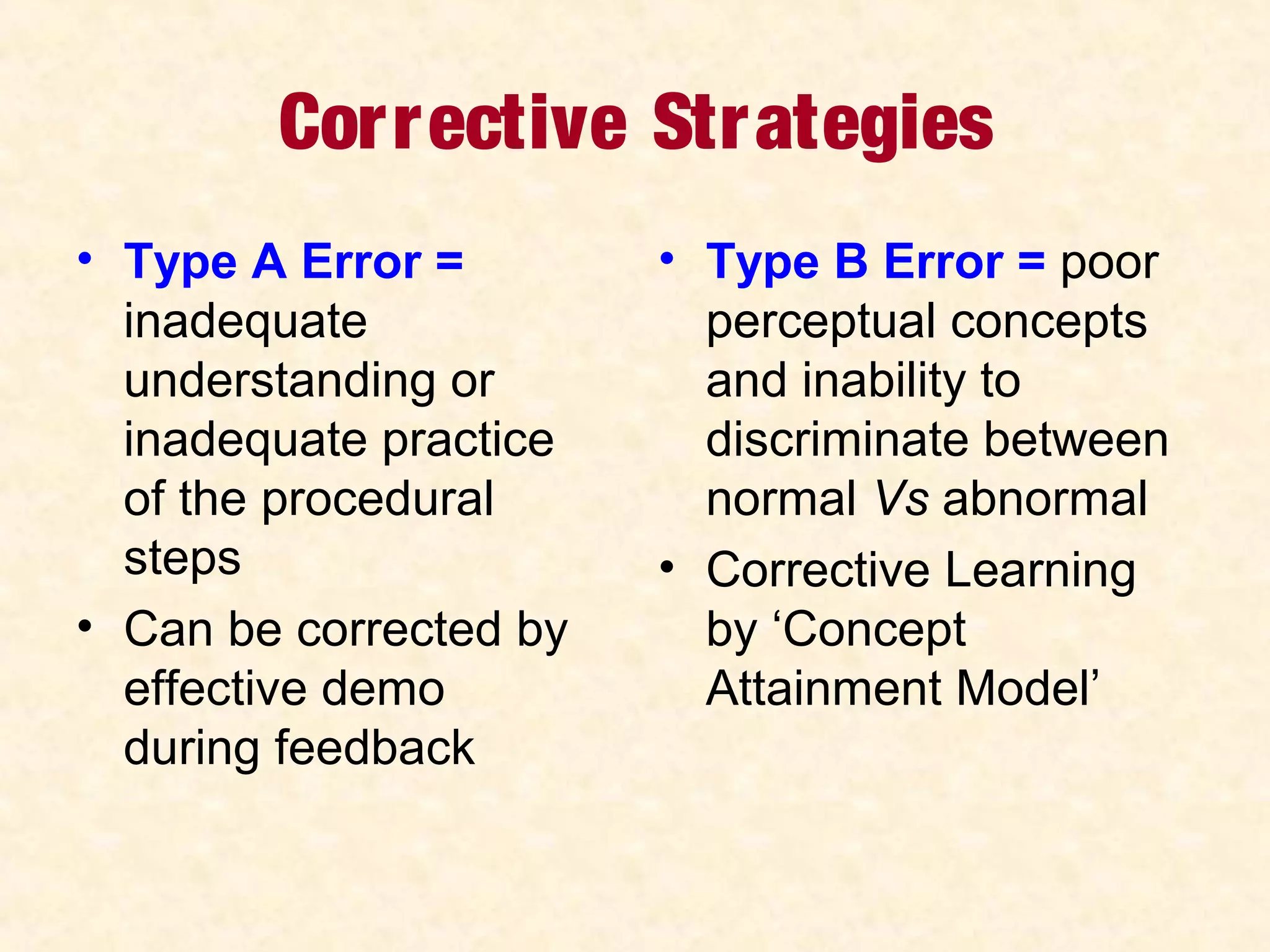 Corrective Strategies
• Type A Error =
inadequate
understanding or
inadequate practice
of the procedural
steps
• Can be corrected by
effective demo
during feedback
• Type B Error = poor
perceptual concepts
and inability to
discriminate between
normal Vs abnormal
• Corrective Learning
by ‘Concept
Attainment Model’
 