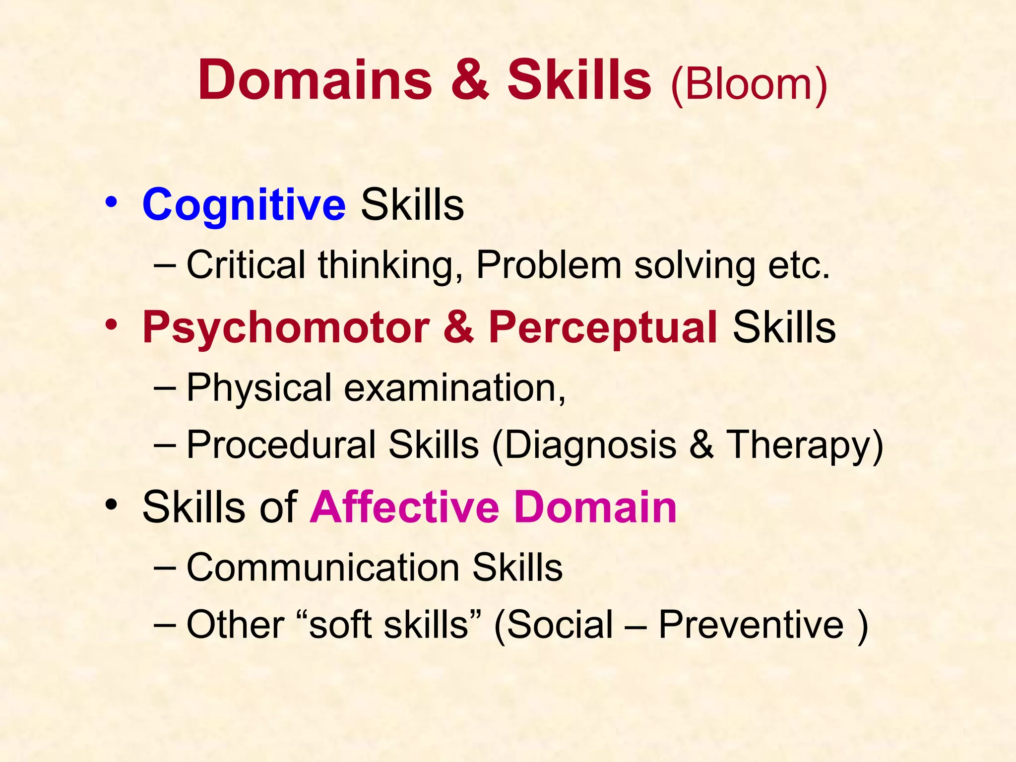 Domains & Skills (Bloom)
• Cognitive Skills
– Critical thinking, Problem solving etc.
• Psychomotor & Perceptual Skills
– Physical examination,
– Procedural Skills (Diagnosis & Therapy)
• Skills of Affective Domain
– Communication Skills
– Other “soft skills” (Social – Preventive )
 