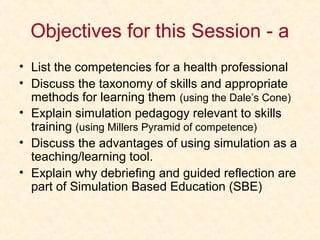 Objectives for this Session - a
• List the competencies for a health professional
• Discuss the taxonomy of skills and appropriate
methods for learning them (using the Dale’s Cone)
• Explain simulation pedagogy relevant to skills
training (using Millers Pyramid of competence)
• Discuss the advantages of using simulation as a
teaching/learning tool.
• Explain why debriefing and guided reflection are
part of Simulation Based Education (SBE)
 