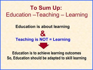 To Sum Up:
Education –Teaching – Learning
Education is about learning
Teaching is NOT = Learning
&
Education is to achieve learning outcomes
So, Education should be adapted to skill learning
 