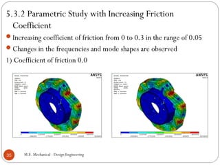 5.3.2 Parametric Study with Increasing Friction
Coefficient
Increasing coefficient of friction from 0 to 0.3 in the range of 0.05
Changes in the frequencies and mode shapes are observed
1) Coefficient of friction 0.0
M.E. Mechanical - Design Engineering35
 