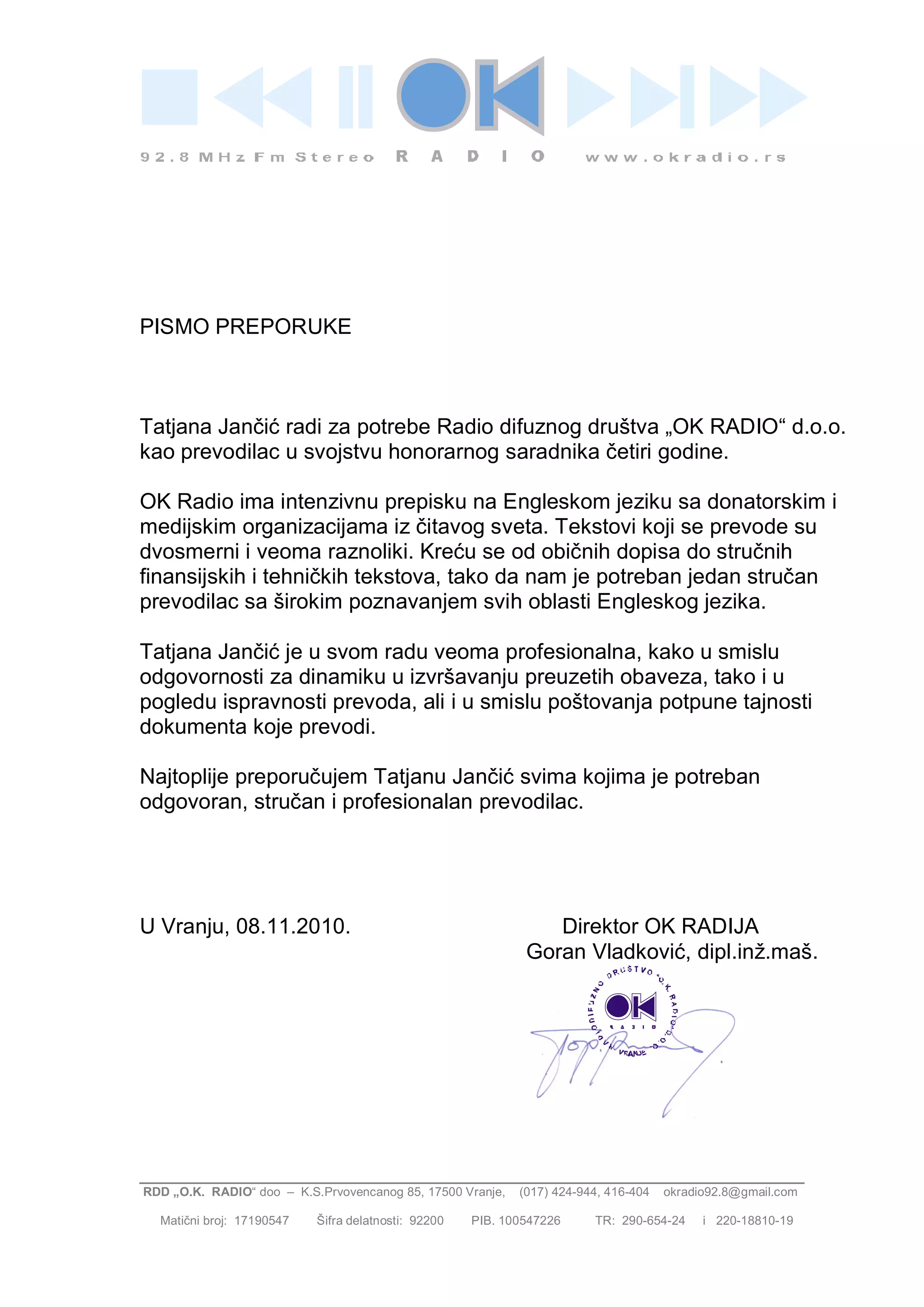 Pismo preporuke T.Jancic | PDF