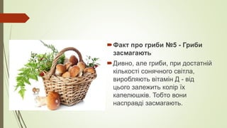 Факт про гриби №5 - Гриби
засмагають
Дивно, але гриби, при достатній
кількості сонячного світла,
виробляють вітамін Д - від
цього залежить колір їх
капелюшків. Тобто вони
насправді засмагають.
 