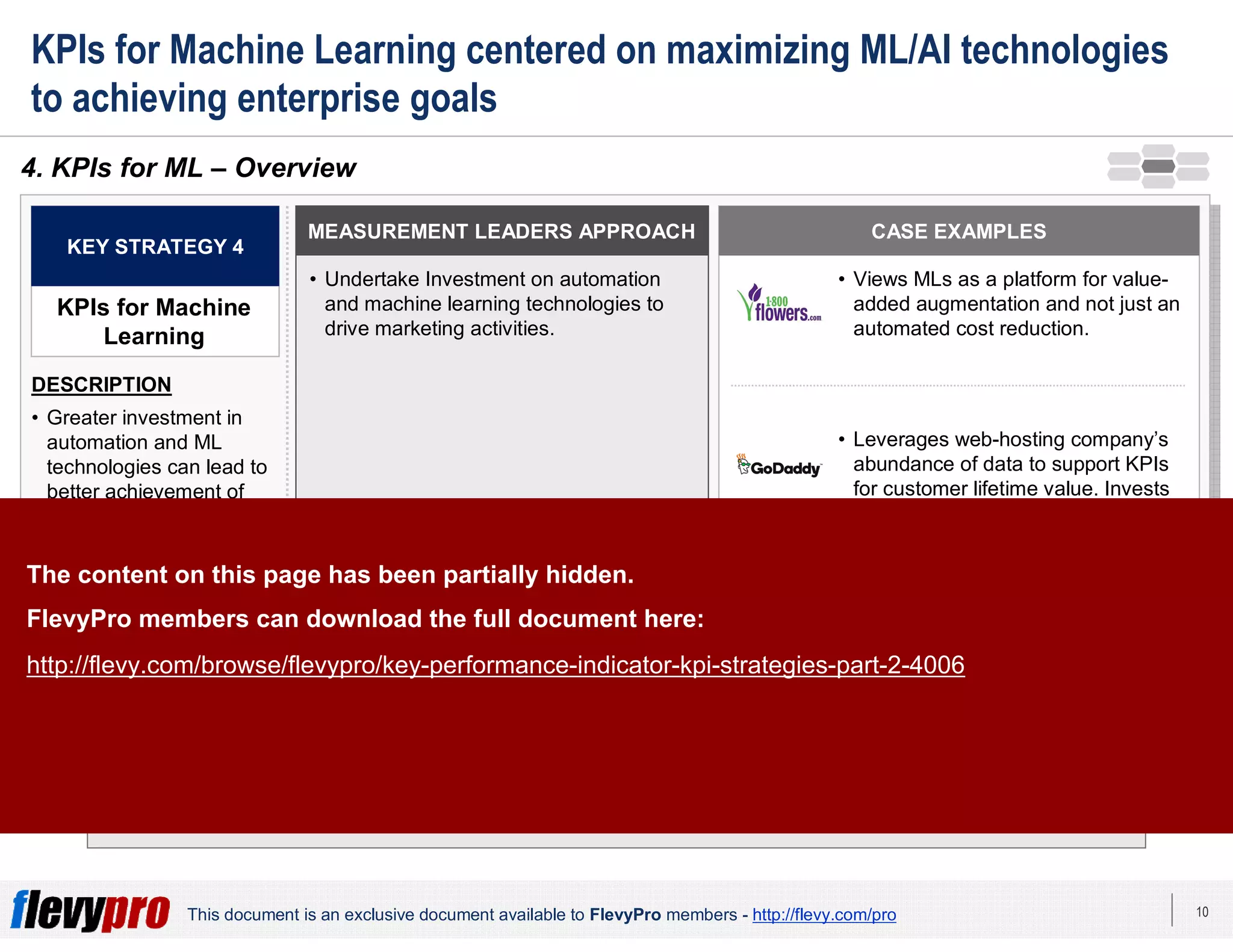 10This document is an exclusive document available to FlevyPro members - http://flevy.com/pro
KPIs for Machine Learning centered on maximizing ML/AI technologies
to achieving enterprise goals
ML-informed KPIs present comparable opportunities to improve alignment
of strategic goals.
4. KPIs for ML – Overview
MEASUREMENT LEADERS APPROACH
• Undertake Investment on automation
and machine learning technologies to
drive marketing activities.
KEY STRATEGY 4
KPIs for Machine
Learning
DESCRIPTION
• Greater investment in
automation and ML
technologies can lead to
better achievement of
current functional KPIs.
CASE EXAMPLES
• Views MLs as a platform for value-
added augmentation and not just an
automated cost reduction.
• Leverages web-hosting company’s
abundance of data to support KPIs
for customer lifetime value. Invests
in KPIs as data training sets for its
smartest ML algorithm.
The content on this page has been partially hidden.
FlevyPro members can download the full document here:
http://flevy.com/browse/flevypro/key-performance-indicator-kpi-strategies-part-2-4006
 