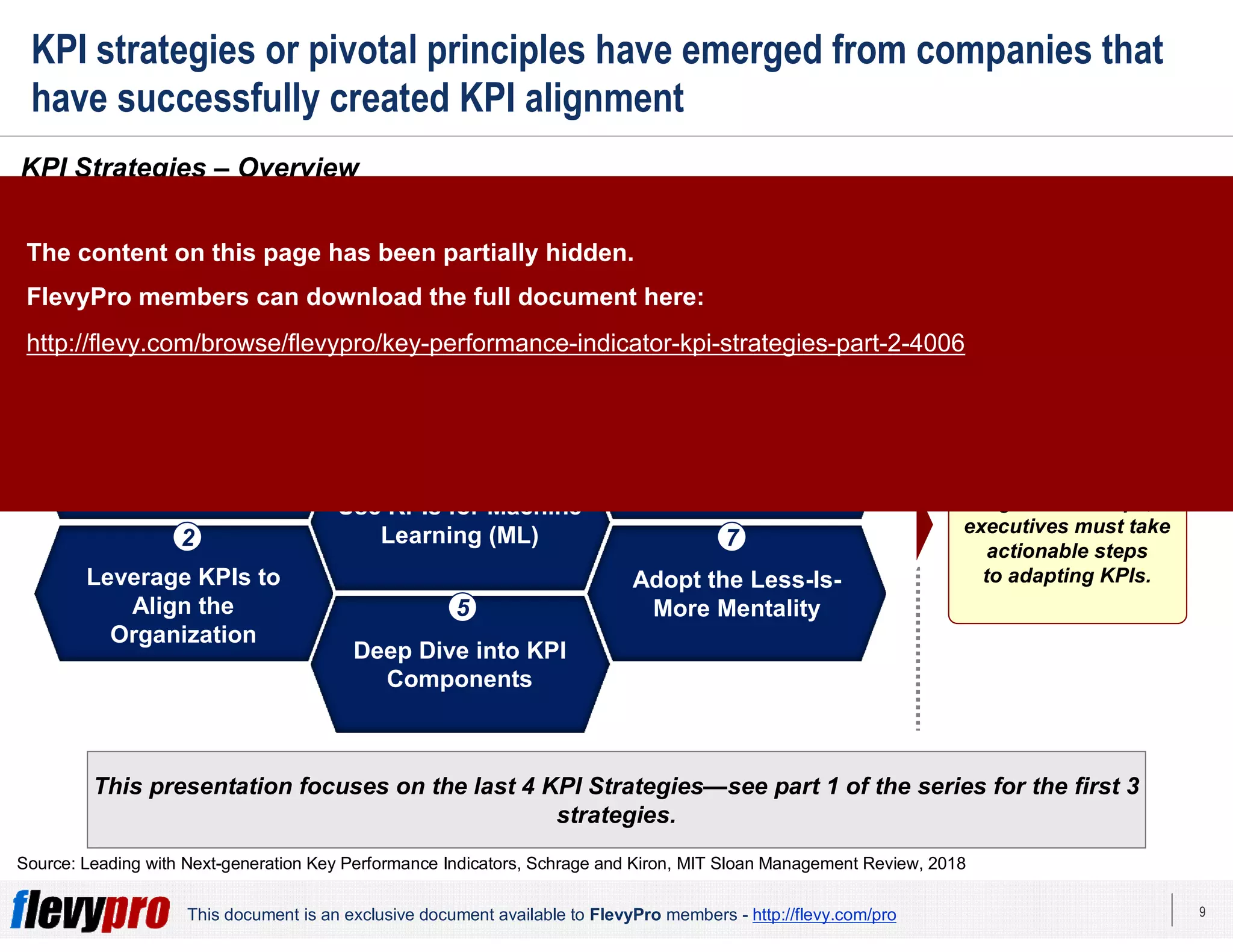 9This document is an exclusive document available to FlevyPro members - http://flevy.com/pro
KPI strategies or pivotal principles have emerged from companies that
have successfully created KPI alignment
This presentation focuses on the last 4 KPI Strategies—see part 1 of the series for the first 3
strategies.
KPI Strategies – Overview
Source: Leading with Next-generation Key Performance Indicators, Schrage and Kiron, MIT Sloan Management Review, 2018
The 2018 Strategic Measurement Global Executive Study and Research Report revealed 7 behaviors
common to advanced users of KPIs.
Develop an
Integrated, Holistic
Customer View
Use KPIs for Machine
Learning (ML)
Deep Dive into KPI
Components
Share KPI Data
Use KPIs to Lead
and Manage the
Organization
Adopt the Less-Is-
More Mentality
Leverage KPIs to
Align the
Organization
3
4
5
61
72
These are the 7 advanced KPI Strategies adopted by Measurement Leaders.
To thrive in today’s
digital landscape,
executives must take
actionable steps
to adapting KPIs.
The content on this page has been partially hidden.
FlevyPro members can download the full document here:
http://flevy.com/browse/flevypro/key-performance-indicator-kpi-strategies-part-2-4006
 