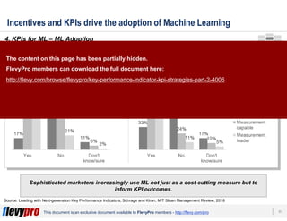 11This document is an exclusive document available to FlevyPro members - http://flevy.com/pro
Incentives and KPIs drive the adoption of Machine Learning
Sophisticated marketers increasingly use ML not just as a cost-cutting measure but to
inform KPI outcomes.
4. KPIs for ML – ML Adoption
Source: Leading with Next-generation Key Performance Indicators, Schrage and Kiron, MIT Sloan Management Review, 2018
Measurement Leaders are more than twice as likely as the Measurement Challenged to affirm that their organization is
already investing in automation and machine-learning technologies to drive marketing activities.
Is your organization investing in new skills or
training in 2018 to make marketing more effective
in using automation and machine learning?
Do you have incentives or internal functional KPIs
to use more automation and machine-learning
technologies to drive marketing activities?
The content on this page has been partially hidden.
FlevyPro members can download the full document here:
http://flevy.com/browse/flevypro/key-performance-indicator-kpi-strategies-part-2-4006
 