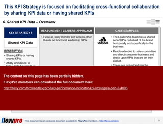 14This document is an exclusive document available to FlevyPro members - http://flevy.com/pro
This KPI Strategy is focused on facilitating cross-functional collaboration
by sharing KPI data or having shared KPIs
Shared KPIs allow for more effective collaboration as managers see the positive or negative
impact of their own KPIs on others.
6. Shared KPI Data – Overview
MEASUREMENT LEADERS APPROACH
• Twice as likely monitor and access other
C-suite or functional leadership KPIs.
KEY STRATEGY 6
Shared KPI Data
DESCRIPTION
• Sharing KPIs or having
shared KPIs.
• Ability and desire to
follow KPIs beyond their
own sphere of
responsibility.
CASE EXAMPLES
• The Leadership team has a shared
set of KPIs on behalf of the brand
horizontally and specifically to the
business.
• Reach extended to sales committee
and direct consumer business and
check upon KPIs that are on their
docket.
• These are embedded into the
leadership team governance to
make sure all are agreeing on what
success is.The content on this page has been partially hidden.
FlevyPro members can download the full document here:
http://flevy.com/browse/flevypro/key-performance-indicator-kpi-strategies-part-2-4006
 