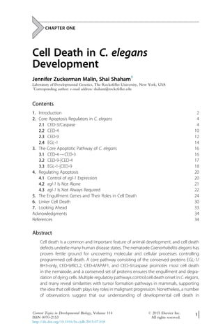 CHAPTER ONE
Cell Death in C. elegans
Development
Jennifer Zuckerman Malin, Shai Shaham1
Laboratory of Developmental Genetics, The Rockefeller University, New York, USA
1
Corresponding author: e-mail address: shaham@rockefeller.edu
Contents
1. Introduction 2
2. Core Apoptosis Regulators in C. elegans 4
2.1 CED-3/Caspase 4
2.2 CED-4 10
2.3 CED-9 12
2.4 EGL-1 14
3. The Core Apoptotic Pathway of C. elegans 16
3.1 CED-4!CED-3 16
3.2 CED-9-jCED-4 17
3.3 EGL-1-jCED-9 18
4. Regulating Apoptosis 20
4.1 Control of egl-1 Expression 20
4.2 egl-1 Is Not Alone 21
4.3 egl-1 Is Not Always Required 22
5. The Engulfment Genes and Their Roles in Cell Death 24
6. Linker Cell Death 30
7. Looking Ahead 33
Acknowledgments 34
References 34
Abstract
Cell death is a common and important feature of animal development, and cell death
defects underlie many human disease states. The nematode Caenorhabditis elegans has
proven fertile ground for uncovering molecular and cellular processes controlling
programmed cell death. A core pathway consisting of the conserved proteins EGL-1/
BH3-only, CED-9/BCL2, CED-4/APAF1, and CED-3/caspase promotes most cell death
in the nematode, and a conserved set of proteins ensures the engulfment and degra-
dation of dying cells. Multiple regulatory pathways control cell death onset in C. elegans,
and many reveal similarities with tumor formation pathways in mammals, supporting
the idea that cell death plays key roles in malignant progression. Nonetheless, a number
of observations suggest that our understanding of developmental cell death in
Current Topics in Developmental Biology, Volume 114 # 2015 Elsevier Inc.
ISSN 0070-2153 All rights reserved.
http://dx.doi.org/10.1016/bs.ctdb.2015.07.018
1
 