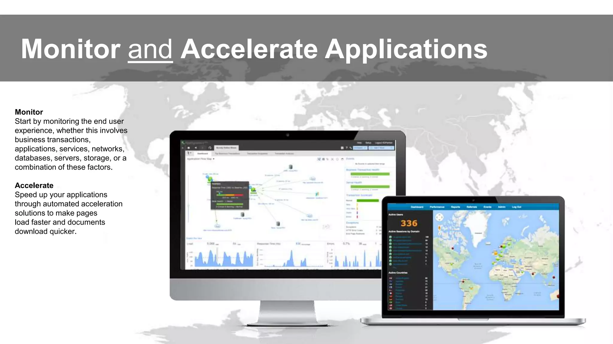 Monitor and Accelerate Applications
Monitor
Start by monitoring the end user
experience, whether this involves
business transactions,
applications, services, networks,
databases, servers, storage, or a
combination of these factors.
Accelerate
Speed up your applications
through automated acceleration
solutions to make pages
load faster and documents
download quicker.
 