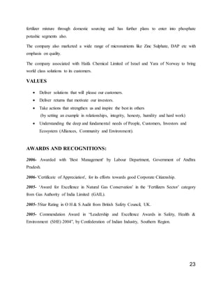 23
fertilizer mixture through domestic sourcing and has further plans to enter into phosphate
potashic segments also.
The company also marketed a wide range of micronutrients like Zinc Sulphate, DAP etc with
emphasis on quality.
The company associated with Haifa Chemical Limited of Israel and Yara of Norway to bring
world class solutions to its customers.
VALUES
 Deliver solutions that will please our customers.
 Deliver returns that motivate our investors.
 Take actions that strengthen us and inspire the best in others
(by setting an example in relationships, integrity, honesty, humility and hard work)
 Understanding the deep and fundamental needs of People, Customers, Investors and
Ecosystem (Alliances, Community and Environment).
AWARDS AND RECOGNITIONS:
2006- Awarded with 'Best Management' by Labour Department, Government of Andhra
Pradesh.
2006- 'Certificate of Appreciation', for its efforts towards good Corporate Citizenship.
2005- ‘Award for Excellence in Natural Gas Conservation’ in the ‘Fertilizers Sector’ category
from Gas Authority of India Limited (GAIL).
2005- 5Star Rating in O H & S Audit from British Safety Council, UK.
2005- Commendation Award in “Leadership and Excellence Awards in Safety, Health &
Environment (SHE) 2004”, by Confederation of Indian Industry, Southern Region.
 