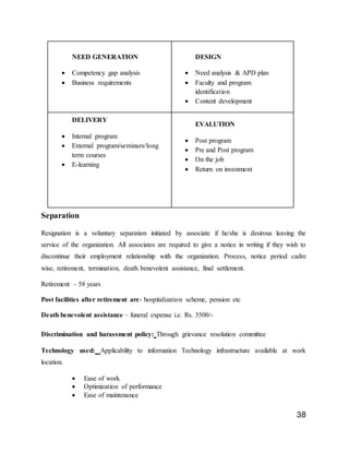 38
NEED GENERATION
 Competency gap analysis
 Business requirements
DESIGN
 Need analysis & APD plan
 Faculty and program
identification
 Content development
DELIVERY
 Internal program
 External program/seminars/long
term courses
 E-learning
EVALUTION
 Post program
 Pre and Post program
 On the job
 Return on investment
Separation
Resignation is a voluntary separation initiated by associate if he/she is desirous leaving the
service of the organization. All associates are required to give a notice in writing if they wish to
discontinue their employment relationship with the organization. Process, notice period cadre
wise, retirement, termination, death benevolent assistance, final settlement.
Retirement – 58 years
Post facilities after retirement are- hospitalization scheme, pension etc
Death benevolent assistance – funeral expense i.e. Rs. 3500/-
Discrimination and harassment policy: Through grievance resolution committee
Technology used: Applicability to information Technology infrastructure available at work
location.
 Ease of work
 Optimization of performance
 Ease of maintenance
 