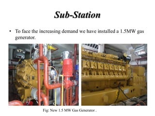 Sub-Station
• To face the increasing demand we have installed a 1.5MW gas
generator.
Fig: New 1.5 MW Gas Generator .
 
