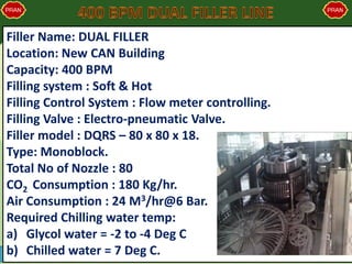 Filler Name: DUAL FILLER
Location: New CAN Building
Capacity: 400 BPM
Filling system : Soft & Hot
Filling Control System : Flow meter controlling.
Filling Valve : Electro-pneumatic Valve.
Filler model : DQRS – 80 x 80 x 18.
Type: Monoblock.
Total No of Nozzle : 80
CO2 Consumption : 180 Kg/hr.
Air Consumption : 24 M3/hr@6 Bar.
Required Chilling water temp:
a) Glycol water = -2 to -4 Deg C
b) Chilled water = 7 Deg C.
 