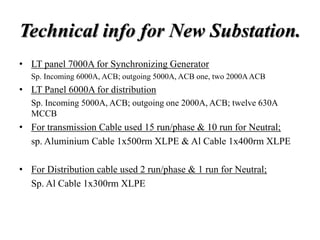 Technical info for New Substation.
• LT panel 7000A for Synchronizing Generator
Sp. Incoming 6000A, ACB; outgoing 5000A, ACB one, two 2000AACB
• LT Panel 6000A for distribution
Sp. Incoming 5000A, ACB; outgoing one 2000A, ACB; twelve 630A
MCCB
• For transmission Cable used 15 run/phase & 10 run for Neutral;
sp. Aluminium Cable 1x500rm XLPE & Al Cable 1x400rm XLPE
• For Distribution cable used 2 run/phase & 1 run for Neutral;
Sp. Al Cable 1x300rm XLPE
 