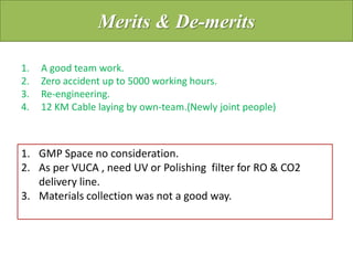 Merits & De-merits
1. A good team work.
2. Zero accident up to 5000 working hours.
3. Re-engineering.
4. 12 KM Cable laying by own-team.(Newly joint people)
1. GMP Space no consideration.
2. As per VUCA , need UV or Polishing filter for RO & CO2
delivery line.
3. Materials collection was not a good way.
 