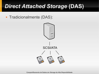 Compartilhamento de Dados em Storage de Alta Disponibilidade
Direct Attached Storage (DAS)
 Tradicionalmente (DAS):
 