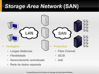 Compartilhamento de Dados em Storage de Alta Disponibilidade
Storage Area Network (SAN)
 Protocolos:
 Fibre Channel
 iSCSI
 AoE
 Vantagens:
 Longas distâncias
 Flexibilidade
 Gerenciamento centralizado
 Rede de dados separada
 