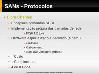 Compartilhamento de Dados em Storage de Alta Disponibilidade
SANs - Protocolos
 Fibre Channel
 Encapsula comandos SCSI
 Implementação própria das camadas de rede
 FC{0,1,2,3,4}
 Hardware especializado e dedicado (e caro!)
 Switches
 Cabeamento
 Host Bus Adapters (HBAs)
 ↑ Custo
 ↑ Complexidade
 4 ou 8 Gbps
 