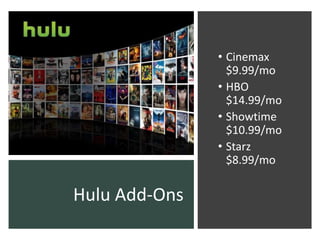 Hulu Add-Ons
• Cinemax
$9.99/mo
• HBO
$14.99/mo
• Showtime
$10.99/mo
• Starz
$8.99/mo
 