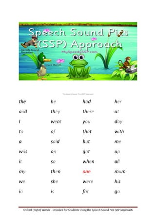 Oxford (Sight) Words – Decoded for Students Using the Speech Sound Pics (SSP) Approach
the
and
I
to
a
was
it
my
we
in
he
they
went
of
said
on
so
then
she
is
had
there
you
that
but
got
when
one
were
for
her
at
day
with
me
up
all
mum
his
go
 